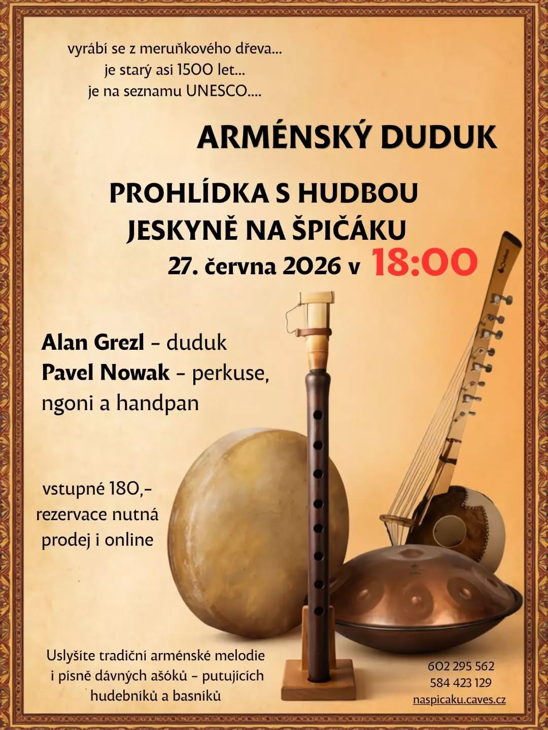 V sobotu 27. 6. 2026 bude Jeskyně Na Špičáku hostit hudebníka Alana Grezla s arménským dudukem